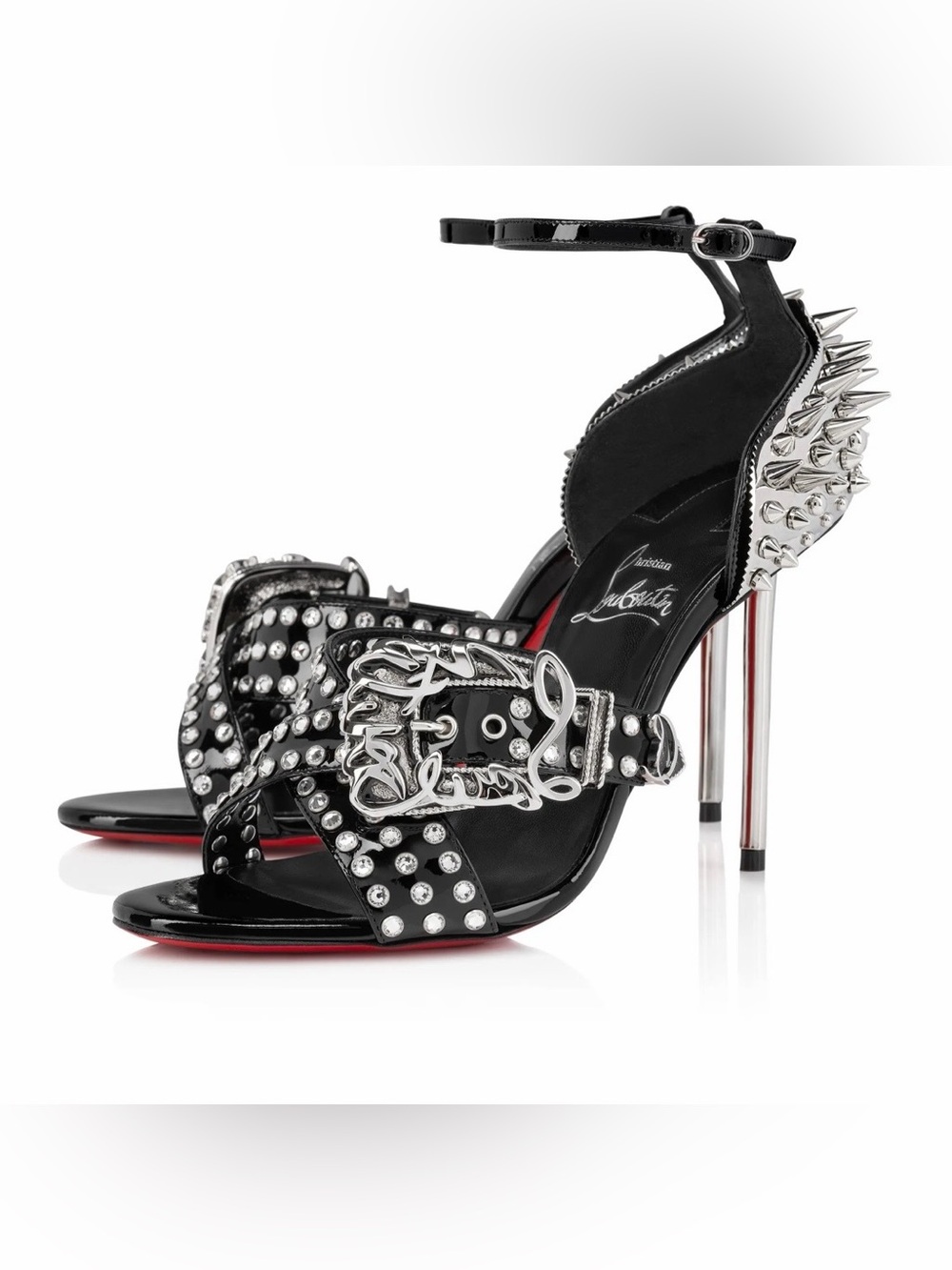 Christian Louboutin Wosandal RARE Black Studded Spike Buckle Crystal Heels